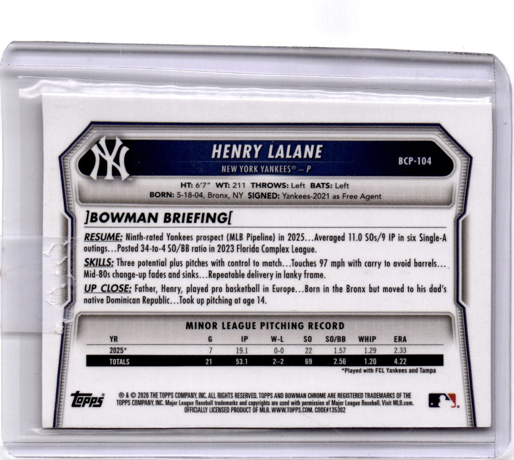 2026 Bowman #BCP-104 Henry Lalane Chrome Prospects Speckle Refractor #/299