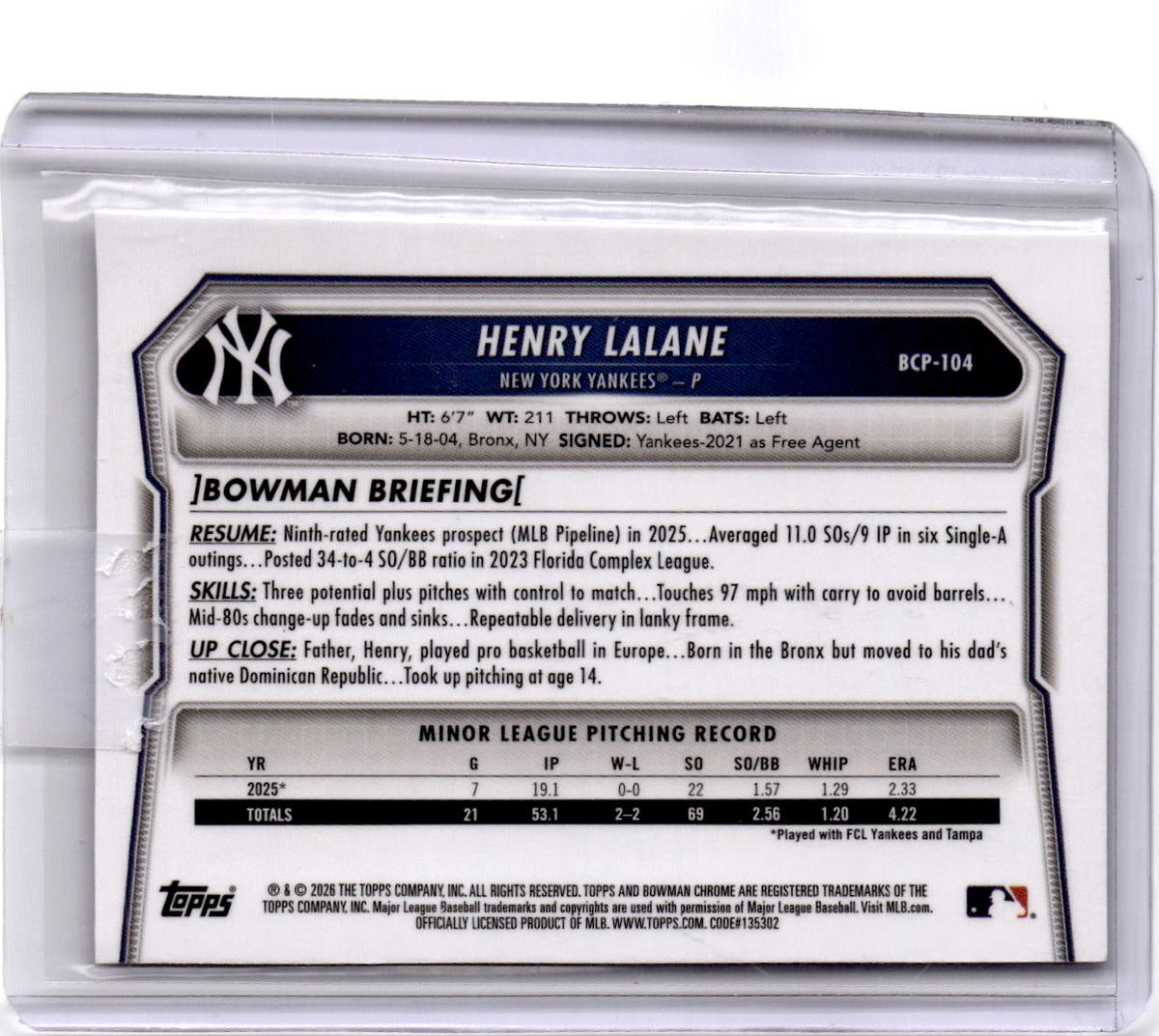 2026 Bowman #BCP-104 Henry Lalane Chrome Prospects Speckle Refractor #/299