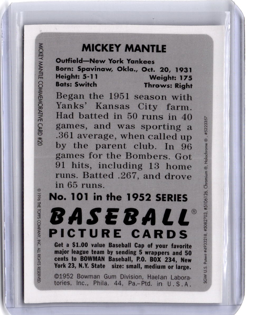 1996 Bowman's Best #20 Mickey Mantle Mickey Mantle Commemorative Reprint Finest