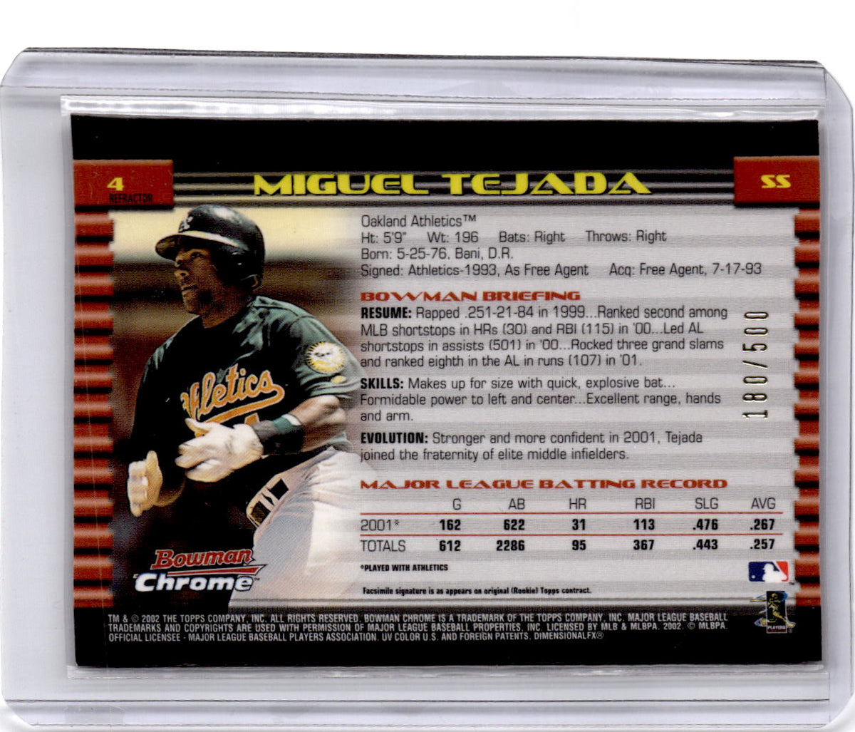 2002 Bowman Chrome #4 Miguel Tejada Refractors #/500