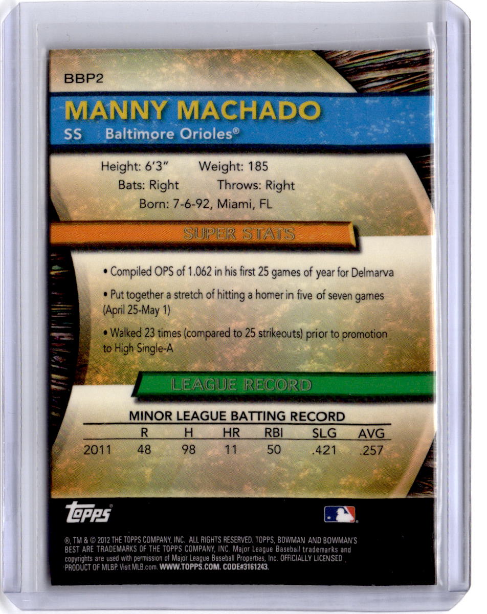 2012 Bowman #BBP2 Manny Machado Bowman's Best Prospects