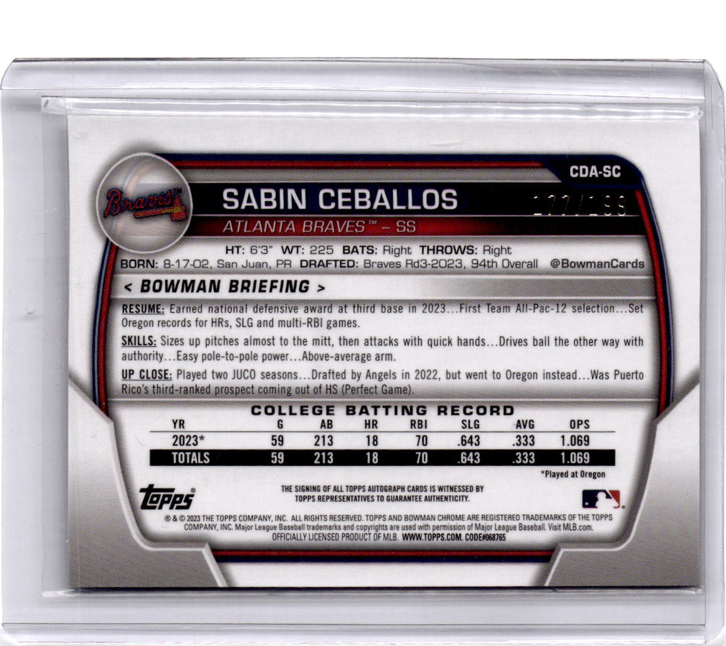 2023 Bowman Draft Sabin Ceballos Chrome Prospect Autographs aqua lava /199