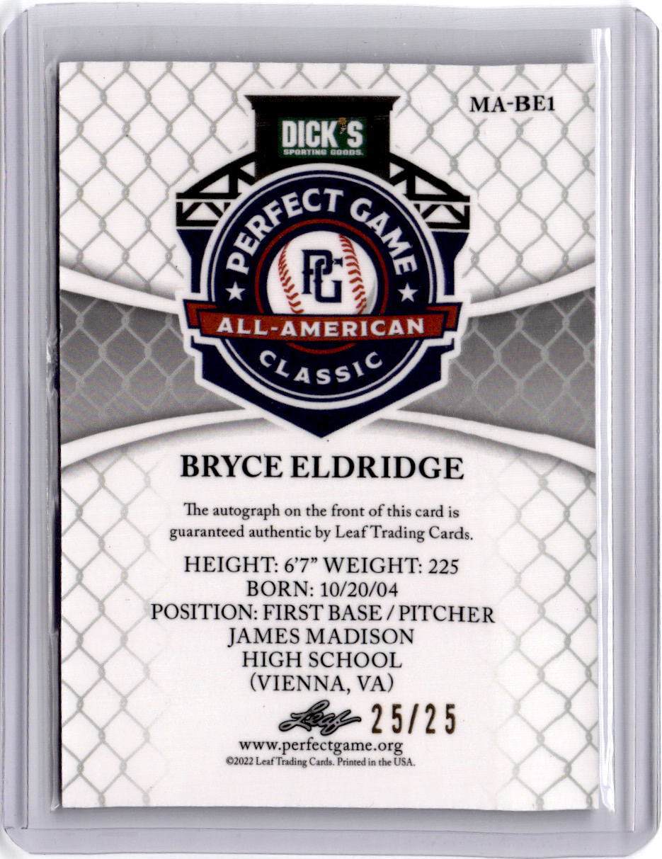2022 Leaf Metal Perfect Game Bryce Eldridge Metal-Auto-Blue-Rainbow #/25