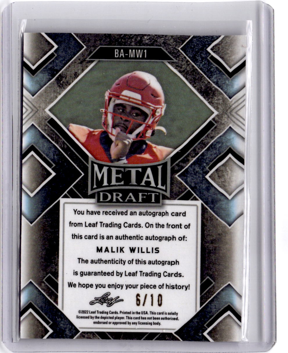 2022 Leaf Metal Draft Malik Willis Armed and Dangerous Autographs Purple #/10