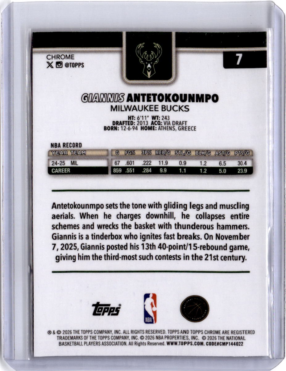 2025-26 Topps Chrome Update Giannis Antetokounmpo Red White and Blue Refractor