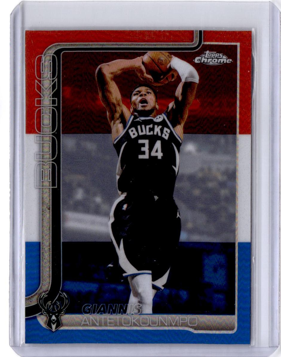 2025-26 Topps Chrome Update Giannis Antetokounmpo Red White and Blue Refractor