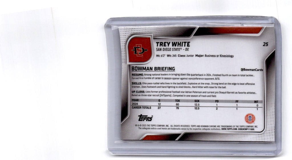 2025 Bowman University Chrome #25 Trey White Gold Refractor #/50