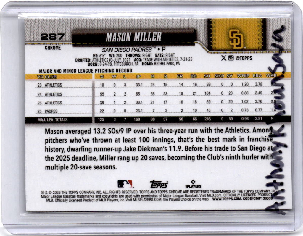 2026 Topps Chrome #287 Mason Miller Aqua Refractors #/199