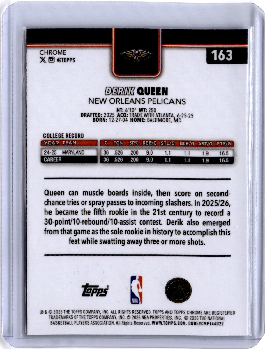 2025-26 Topps Chrome Update #163 Derik Queen Green Basketball Refractor #/99