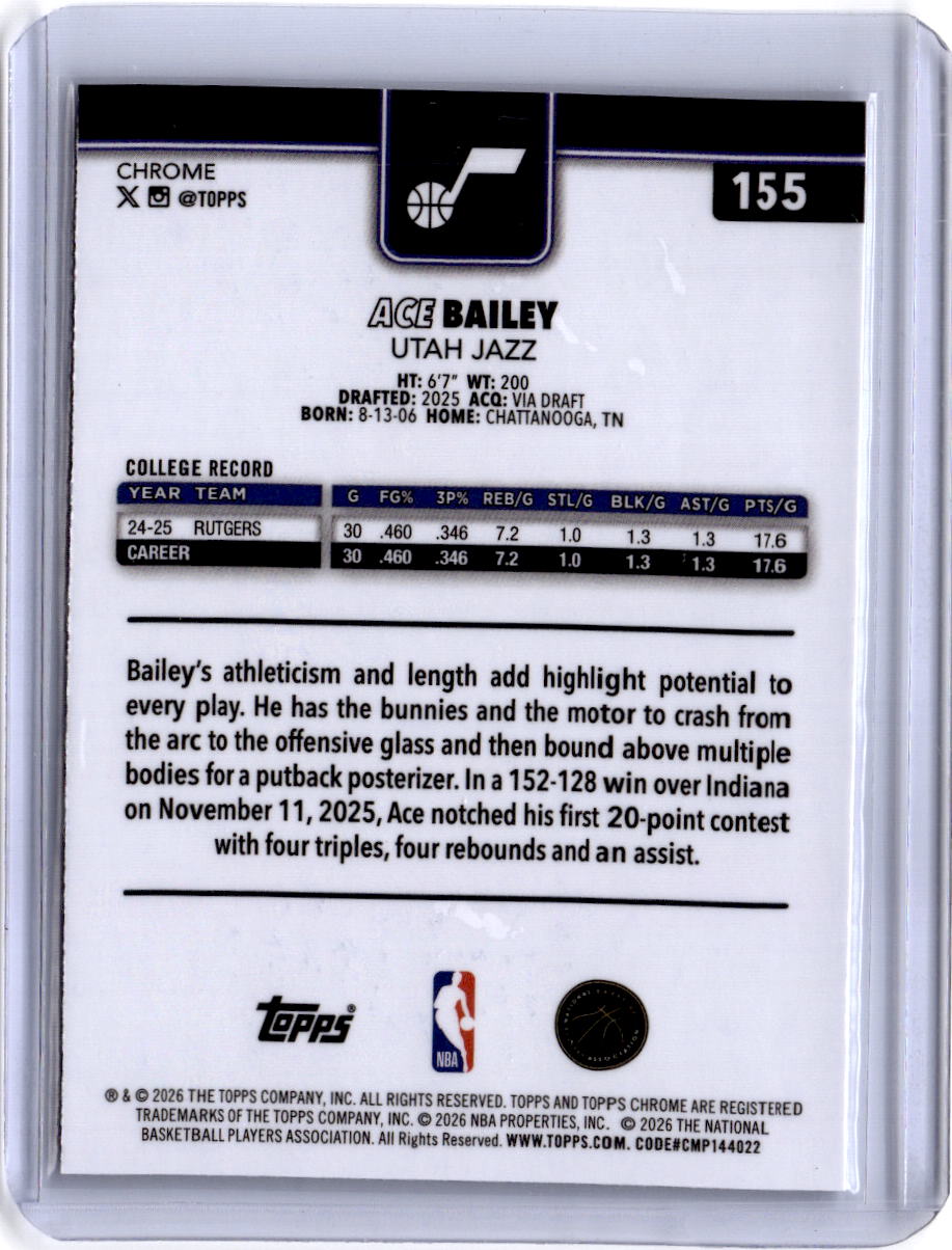 2025-26 Topps Chrome Update #155 Ace Bailey Refractor