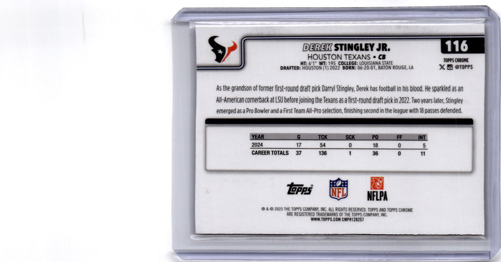 2025 Topps Chrome #116 Derek Stingley Jr. Purple Refractor #/75