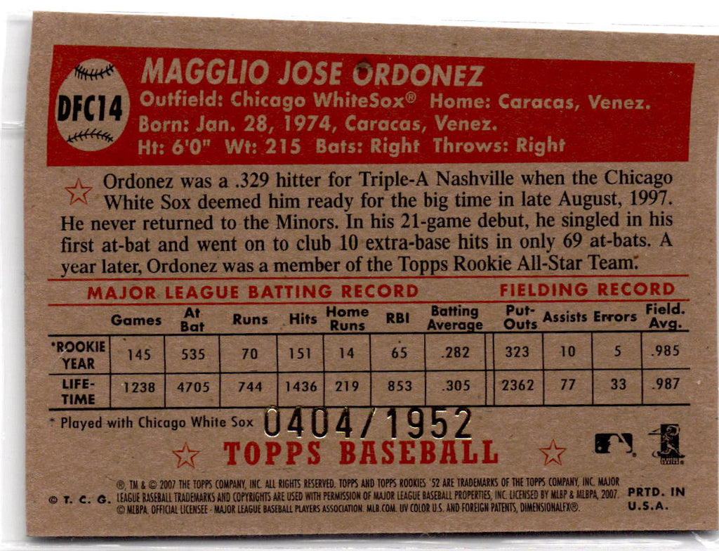 2007 Topps Rookie 1952 Edition Magglio Ordonez Debut Flashbacks Chrome #/1952