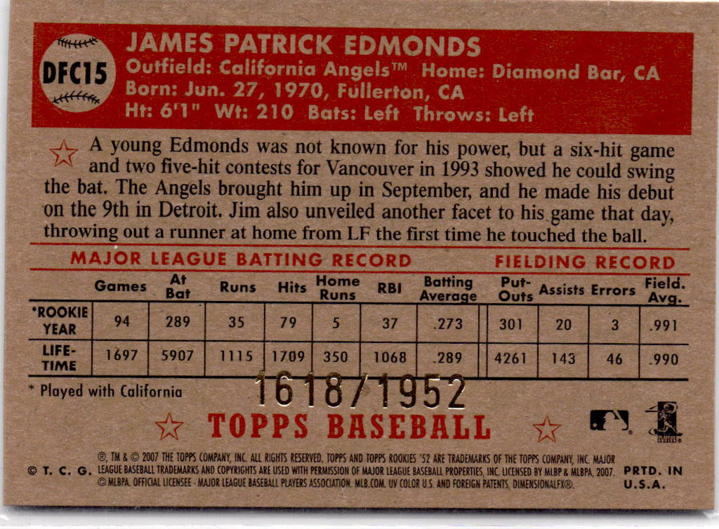 2007 Topps Rookie 1952 Edition Jim Edmonds Debut Flashbacks Chrome #/1952