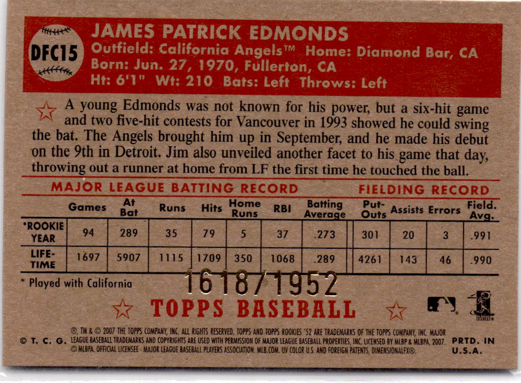 2007 Topps Rookie 1952 Edition Jim Edmonds Debut Flashbacks Chrome #/1952
