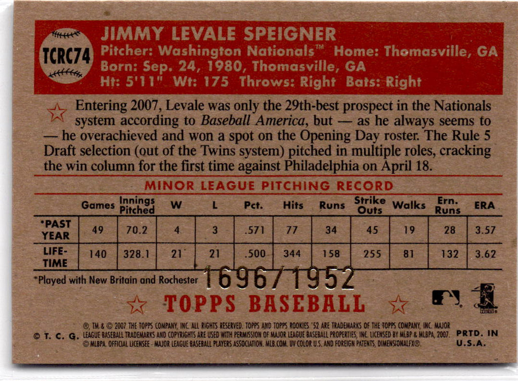 2007 Topps Rookie 1952 Edition #TCRC74 Levale Speigner Chrome #/1952