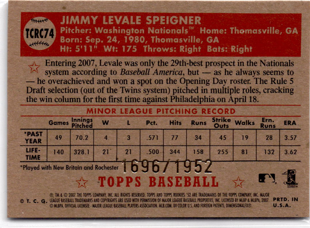 2007 Topps Rookie 1952 Edition #TCRC74 Levale Speigner Chrome #/1952