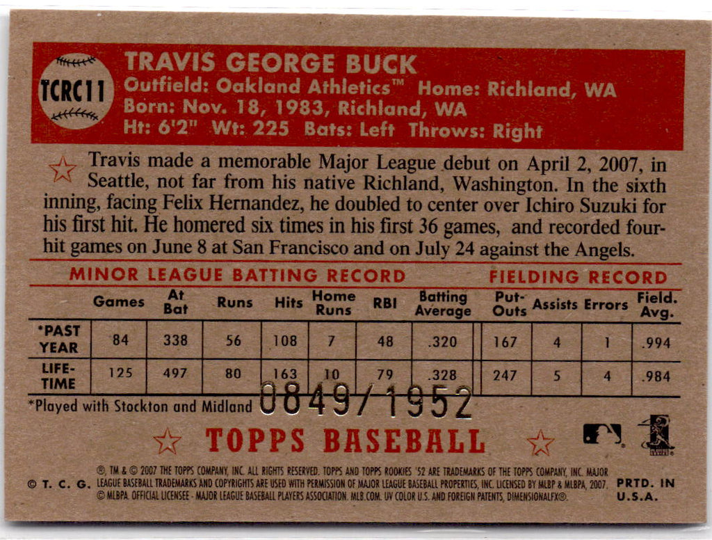 2007 Topps Rookie 1952 Edition #TCRC11 Travis Buck Chrome #/1952