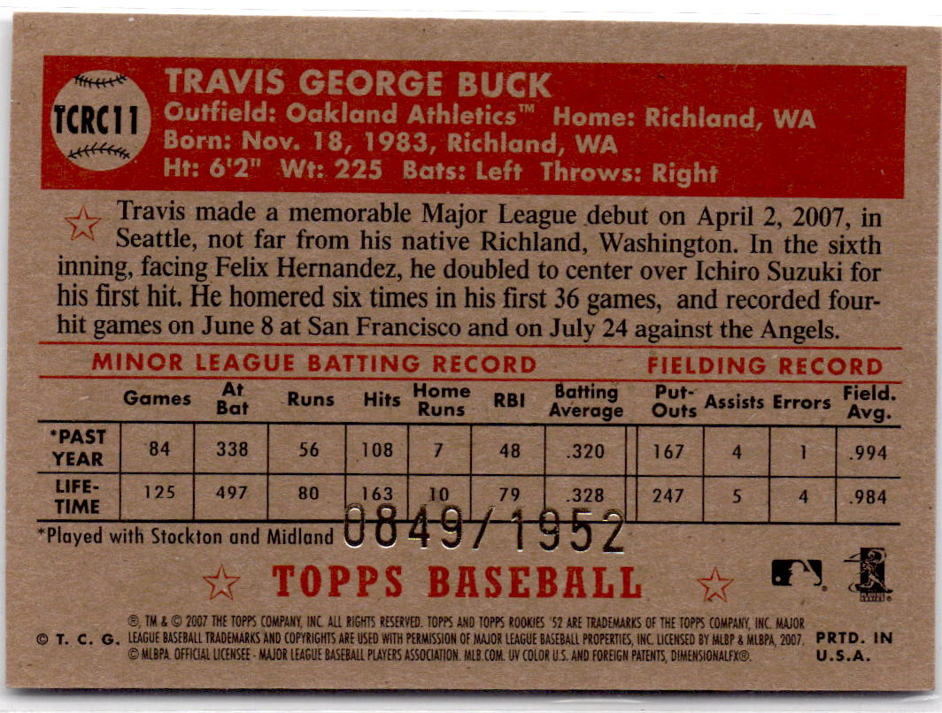 2007 Topps Rookie 1952 Edition #TCRC11 Travis Buck Chrome #/1952