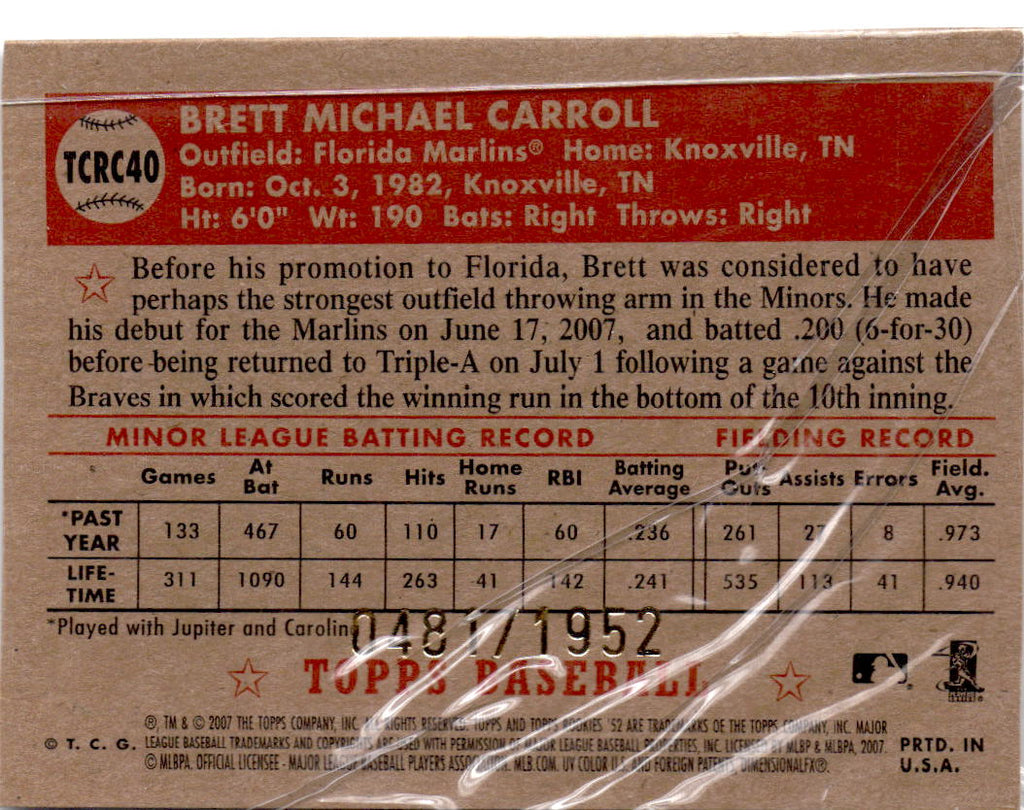 2007 Topps Rookie 1952 Edition #TCRC40 Brett Carroll Chrome #/1952