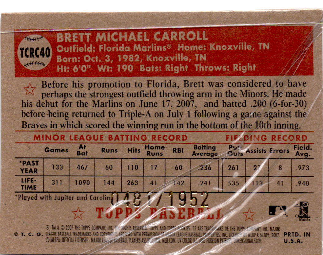 2007 Topps Rookie 1952 Edition #TCRC40 Brett Carroll Chrome #/1952