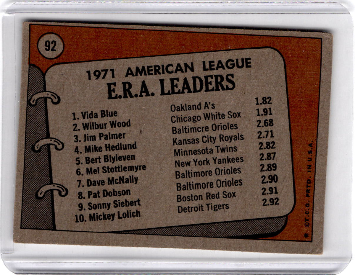 1972 Topps #92 1971 A.L. E.R.A. Leaders (Vida Blue / Wilbur Wood / Jim Palmer)