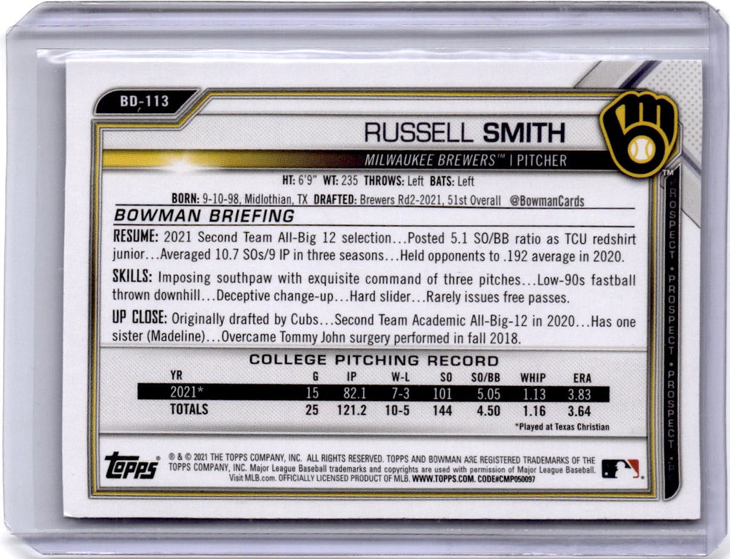 2021 Bowman Draft 1st Edition #BD-113 Russell Smith Blue Foil #/150