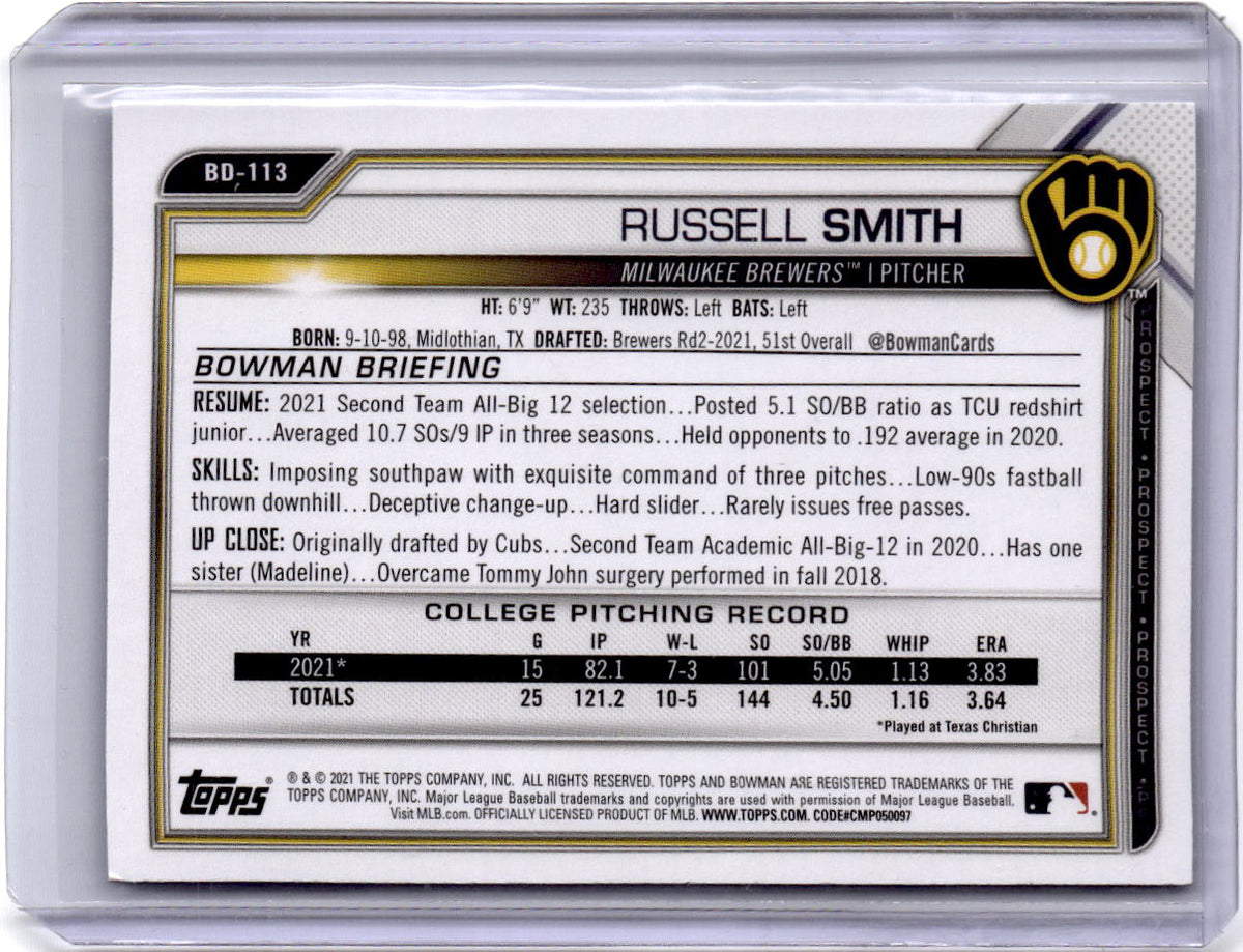 2021 Bowman Draft 1st Edition #BD-113 Russell Smith Blue Foil #/150