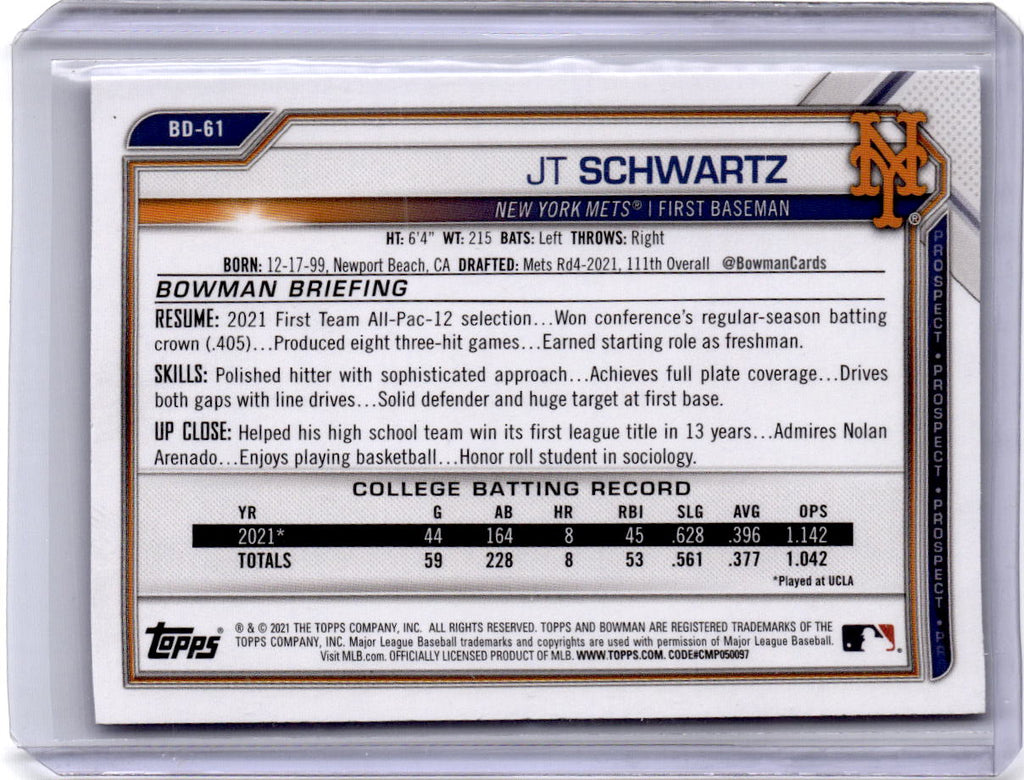 2021 Bowman Draft 1st Edition #BD-61 JT Schwartz Blue Foil #/150