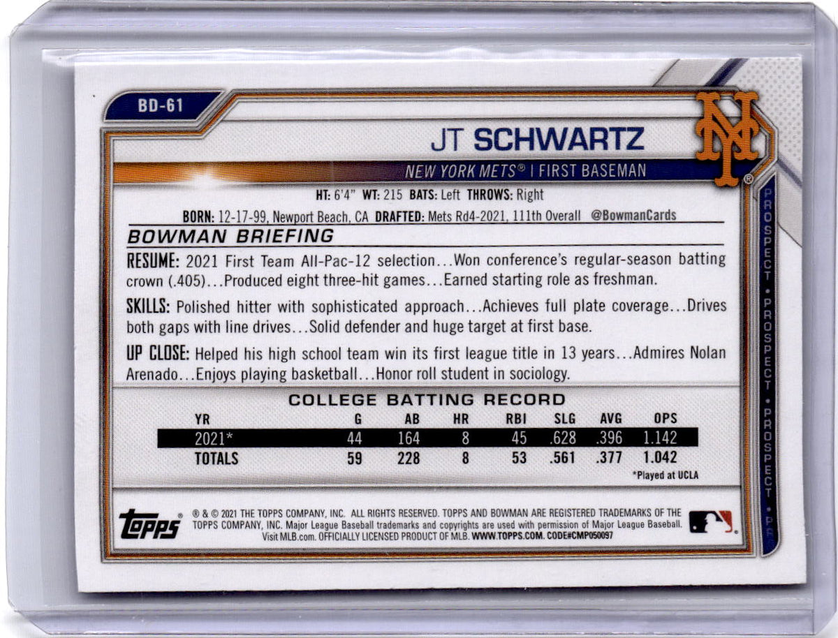 2021 Bowman Draft 1st Edition #BD-61 JT Schwartz Blue Foil #/150
