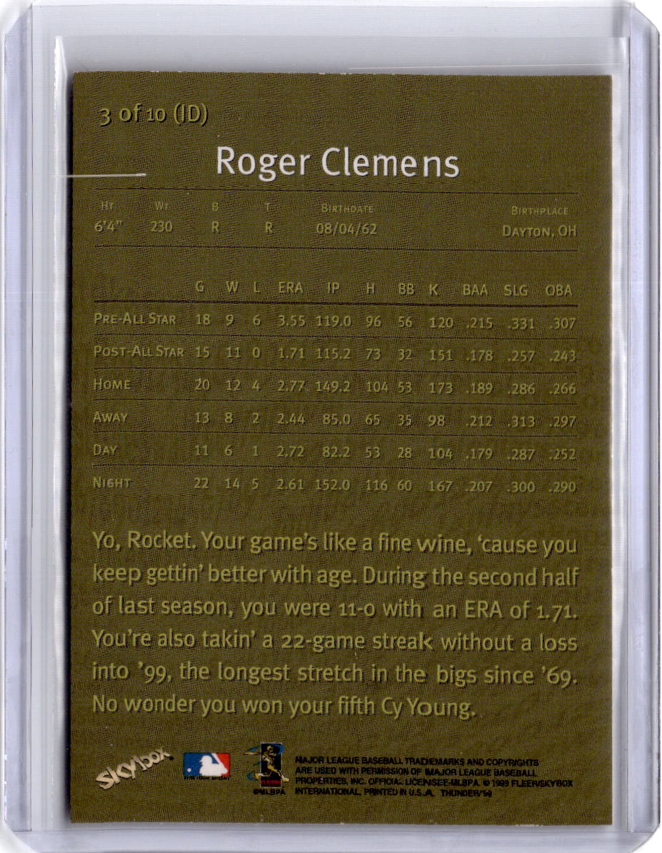 1999 SkyBox Thunder #3 (ID) Roger Clemens In Depth