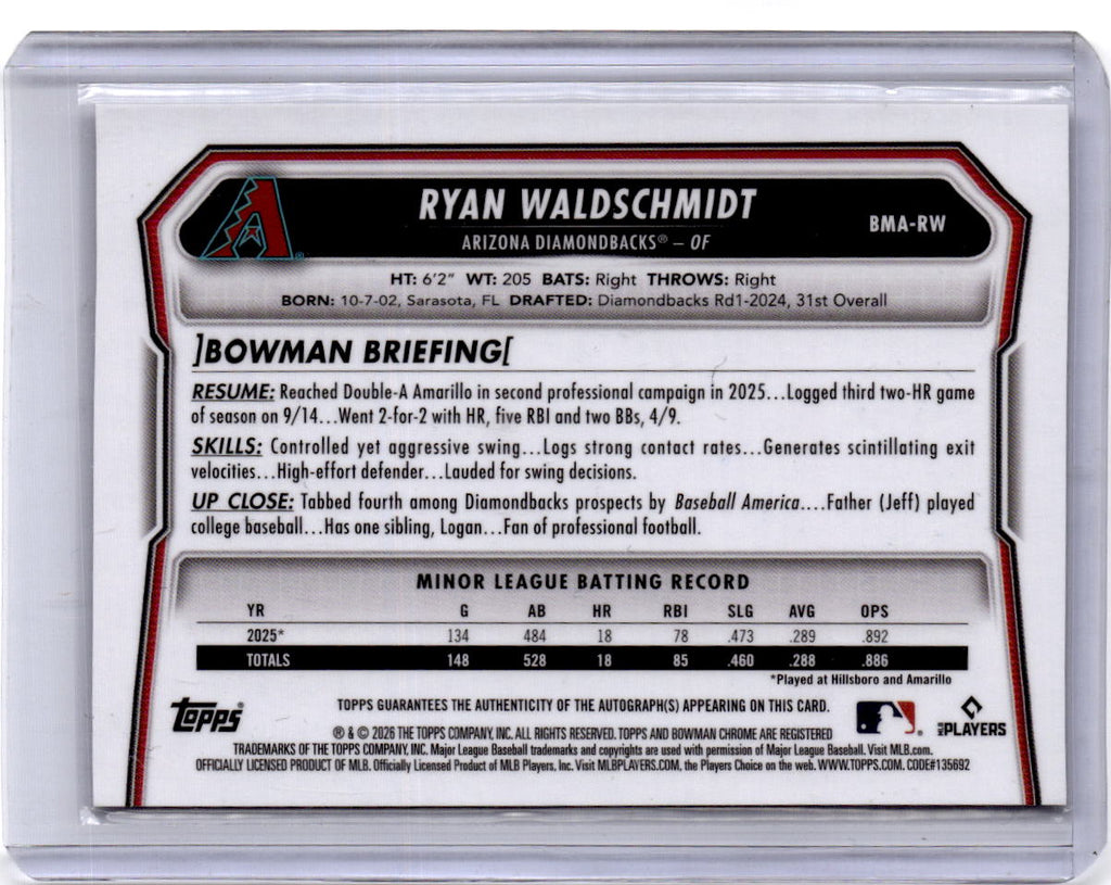 2026 Bowman #BMA-RW Ryan Waldschmidt Chrome Autographs Mojo Refractors