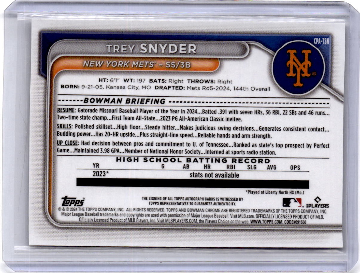 2024 Bowman Draft #CPA-TSN Trey Snyder Chrome Prospect Autographs