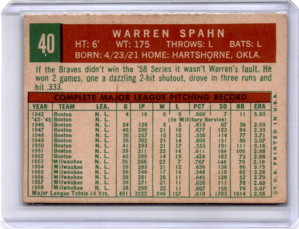 1959 Topps #40c Warren Spahn