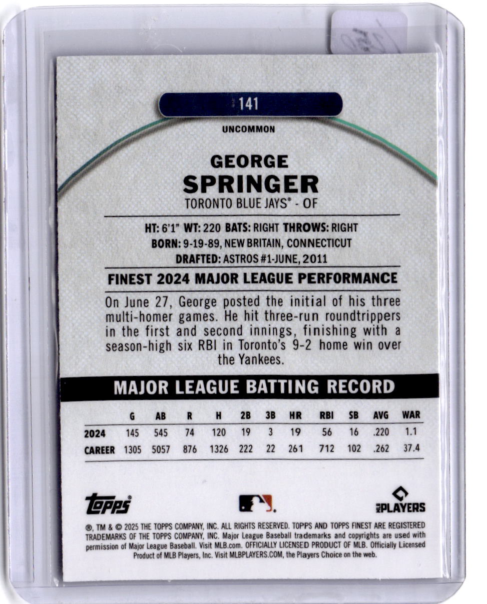 2025 Finest #141 George Springer Sky Blue Refractors #/250
