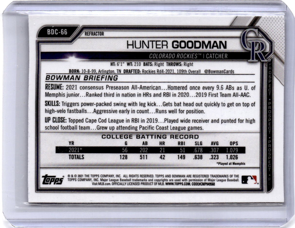 2021 Bowman Draft #BDC-66 Hunter Goodman Chrome Refractor