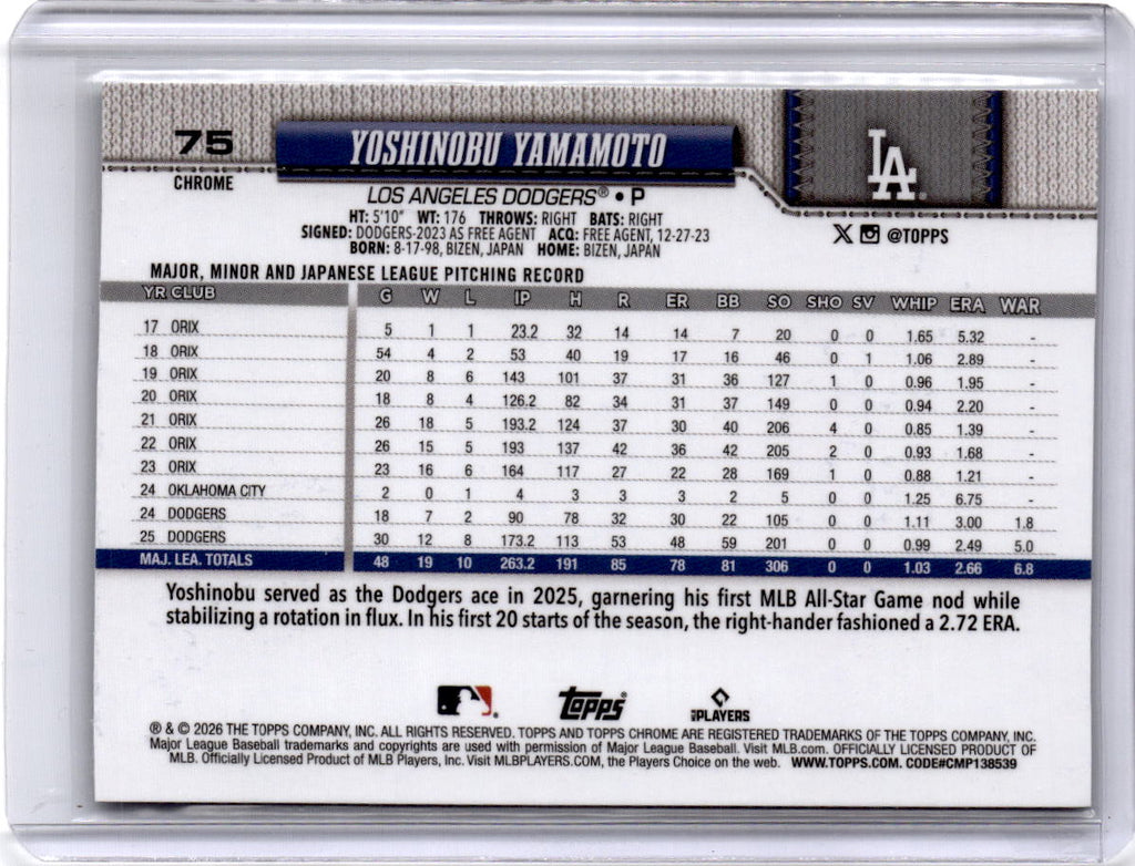 2026 Topps Chrome Logofractor Edition Yoshinobu Yamamoto Green Refractor #/99