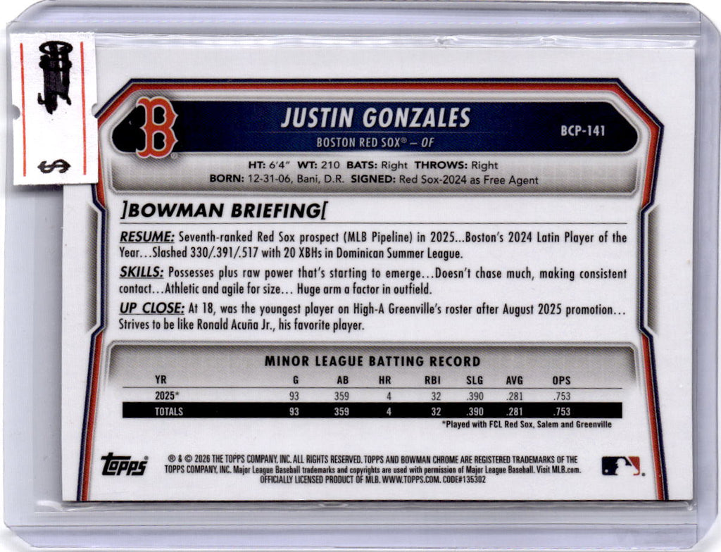 2026 Bowman #BCP-141 Justin Gonzales Chrome Prospects Reptilian Refractor