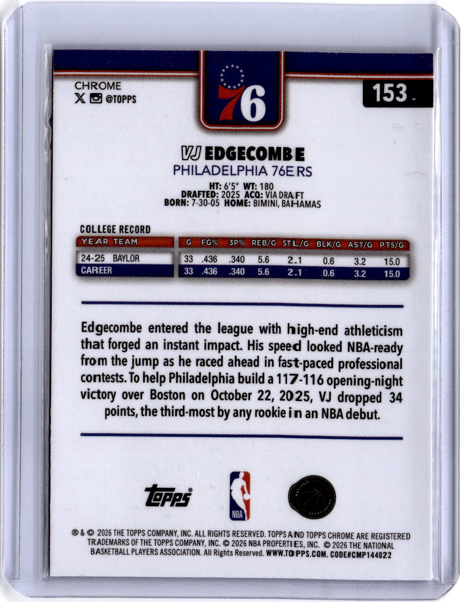 2025-26 Topps Chrome Update #153 VJ Edgecombe Red White and Blue Refractor