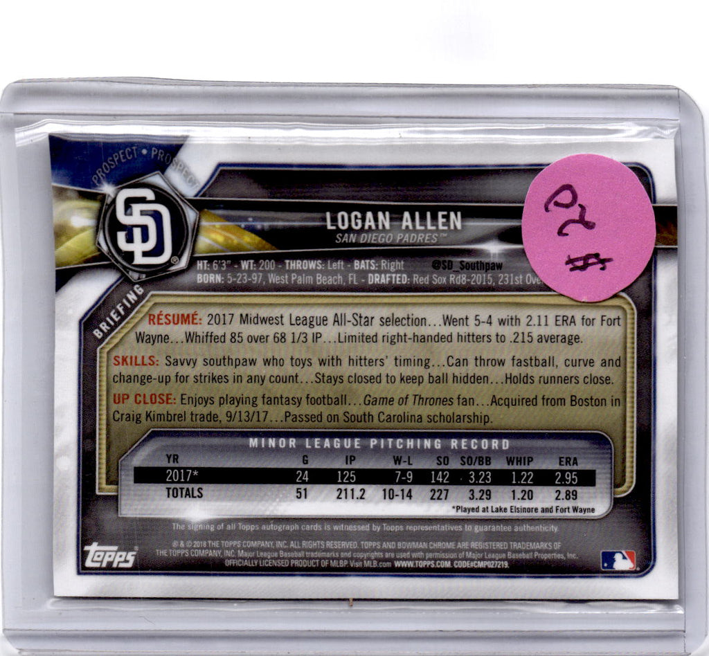 2018 Bowman #CPA-LA Logan Allen Chrome Prospect Autographs