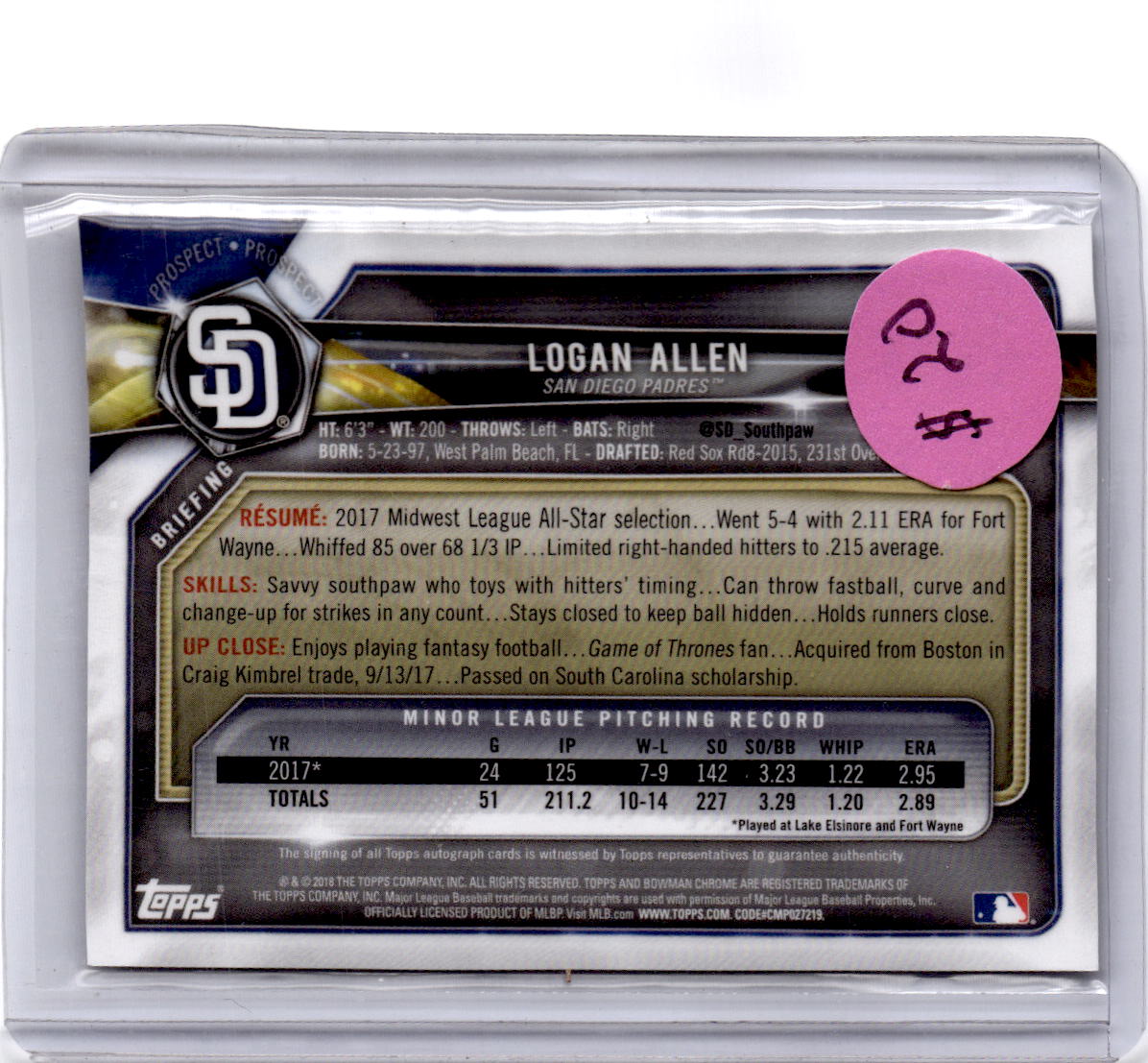 2018 Bowman #CPA-LA Logan Allen Chrome Prospect Autographs