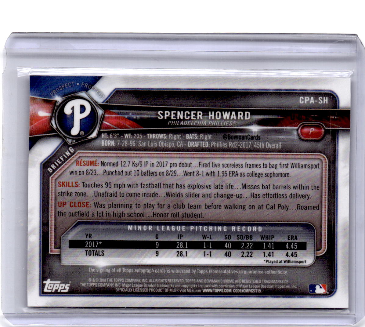2018 Bowman #CPA-SH Spencer Howard Chrome Prospect Autographs Purple #/250