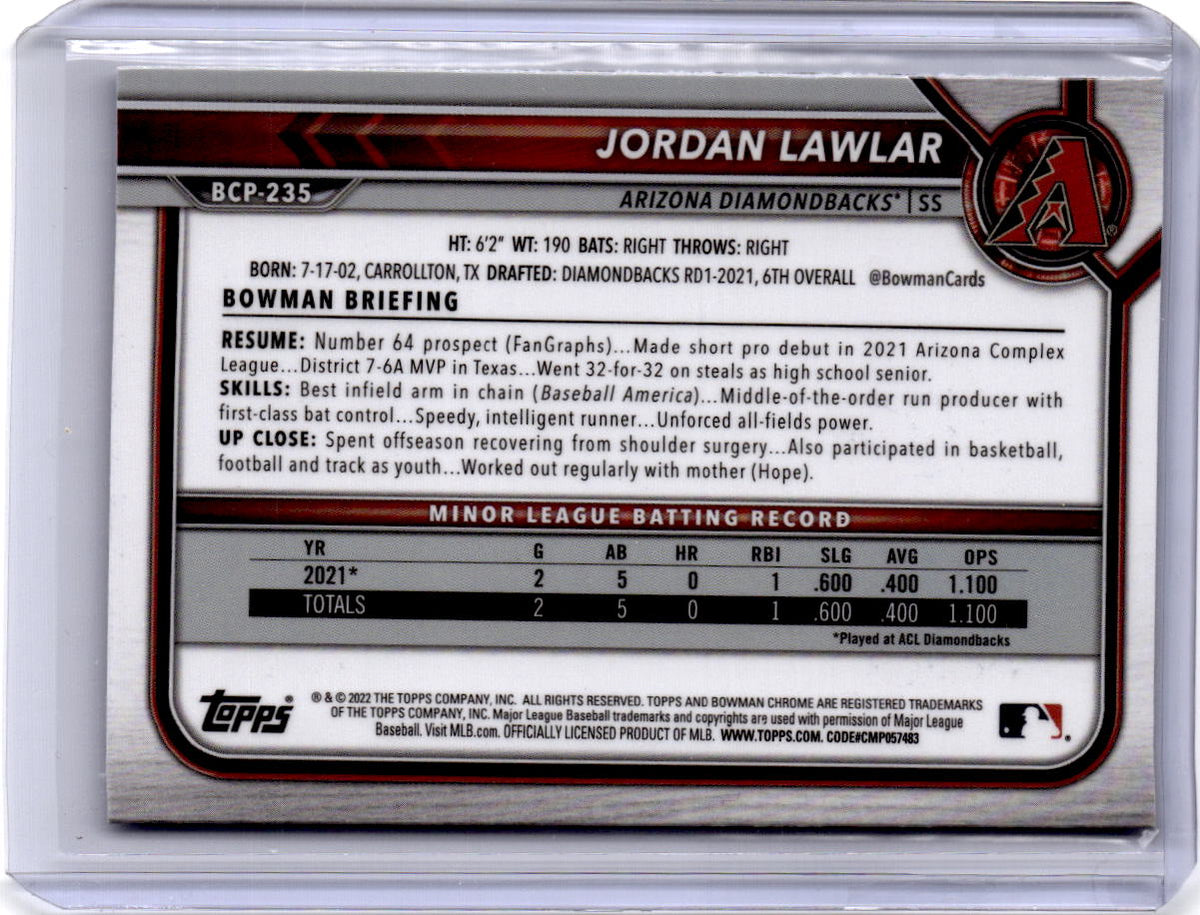 2022 Bowman Chrome Sapphire Edition #BCP-235 Jordan Lawlar Prospects