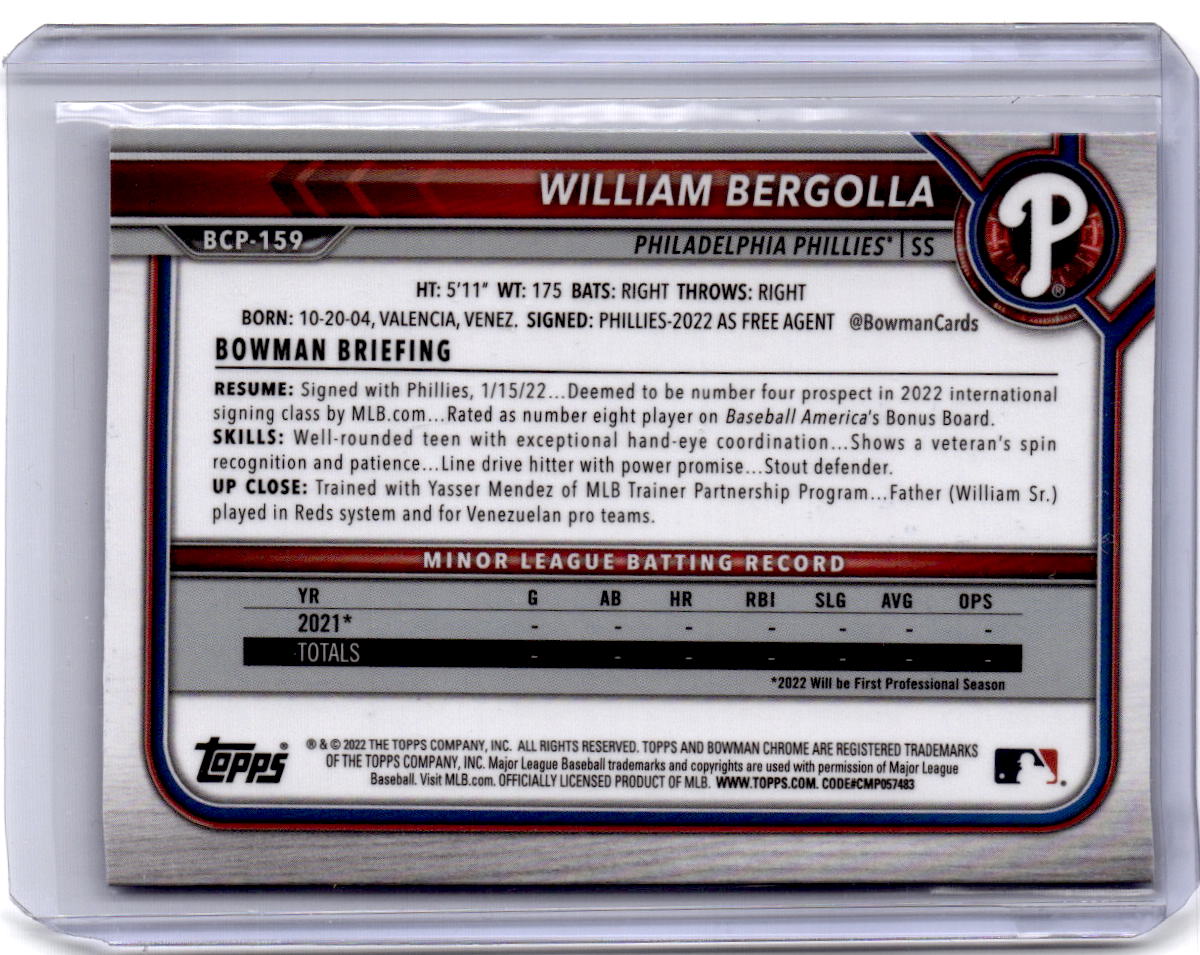 2022 Bowman Chrome Sapphire Edition #BCP-159 William Bergolla Prospects