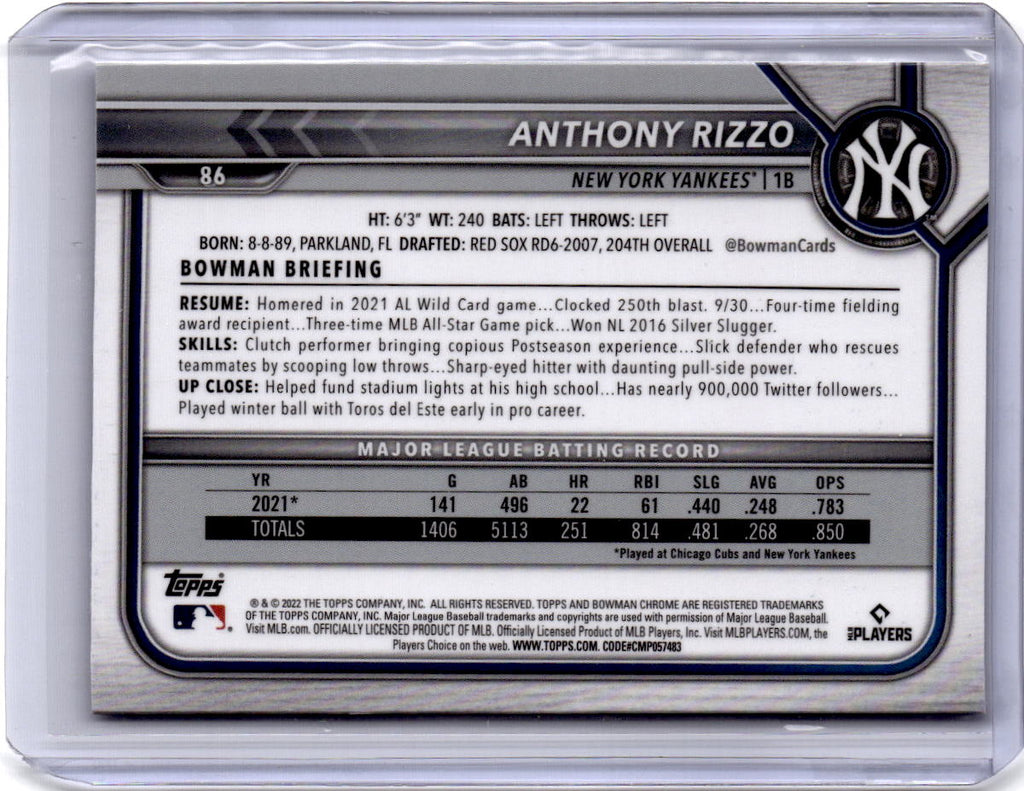2022 Bowman Chrome Sapphire Edition #86 Anthony Rizzo