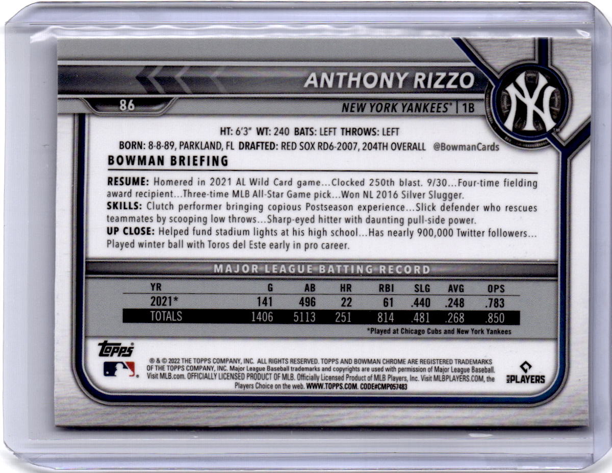 2022 Bowman Chrome Sapphire Edition #86 Anthony Rizzo