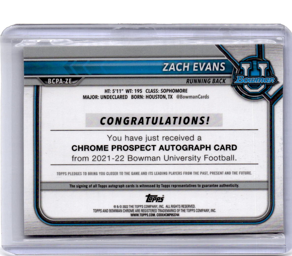 2021-22 Bowman University #BCPA-ZE Zach Evans Bowman Chrome Prospects Autographs