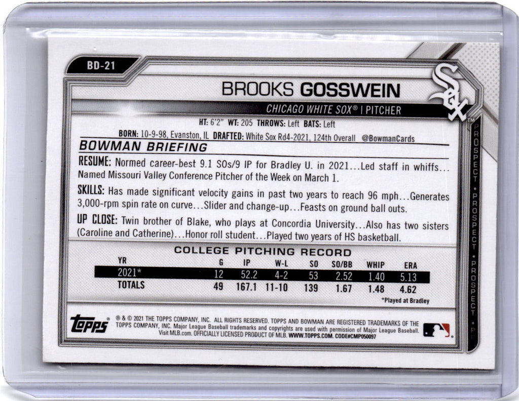 2021 Bowman Draft 1st Edition #BD-21 Brooks Gosswein Gold Foil #/50