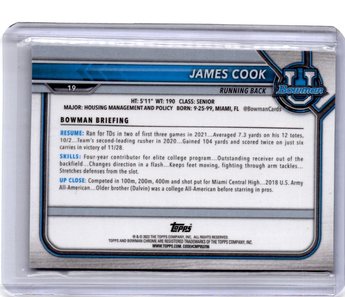 2021-22 Bowman University #19 James Cook Chrome Aqua #/299