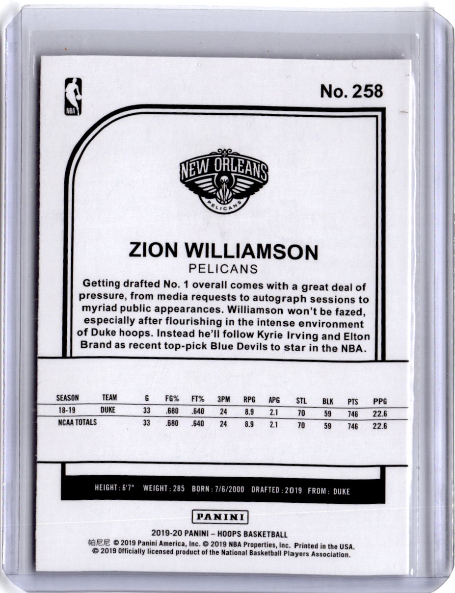 2019-20 Hoops #258 Zion Williamson Purple