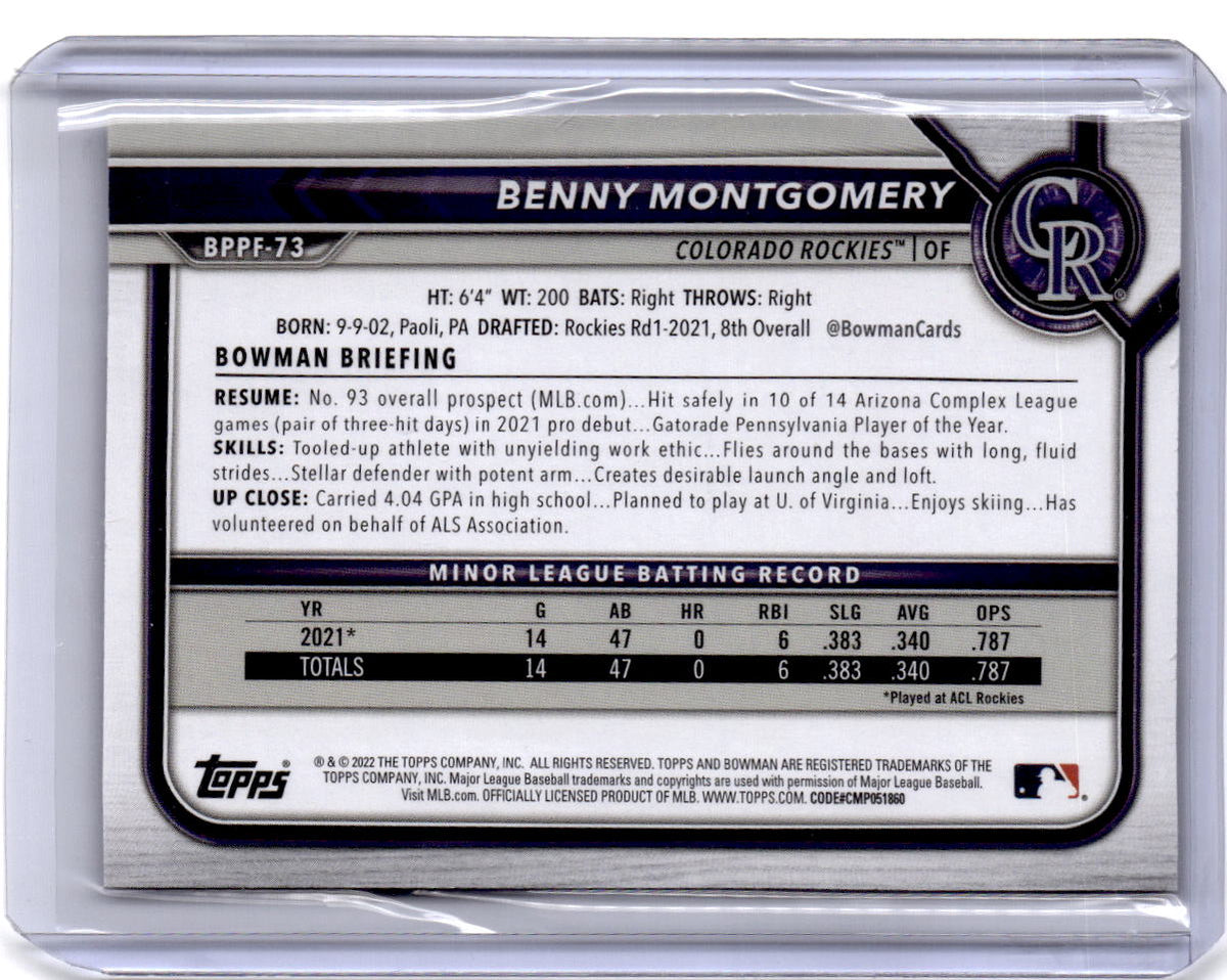 2022 Bowman 1st Edition #BPPF-73 Benny Montgomery Sky Blue Foil